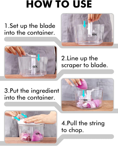 GDL Food Chopper, Pull Onion Chopper Dicer, Hand Powered Food Mincer, Fast Cutting Hand Chopper for Oinon, Garlic, Nut, 3.4 Cups 0.8L, Red