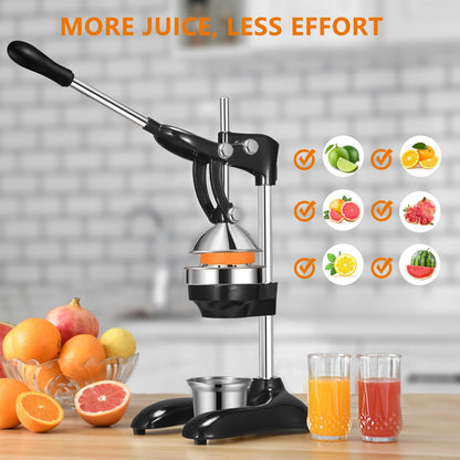 TONGCHANT Manual Juicer, Heavy Duty Cast Iron Juicer | Hand Press Juicer for Orange Lemon Lime Pomegranate & Citrus Fruits, High Leverage for Easy Juicing, Stainless Steel Cup, Easy to Clean, Black