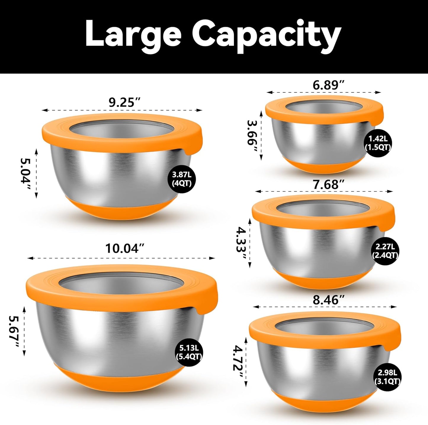KITEISCAT Stainless Steel Mixing Bowls with Lids – Set of 5 Large Nesting Metal Bowls for Kitchen, Baking, Cooking, Food Prep & Storage, Non-Slip Base, Dishwasher Safe,Khaki