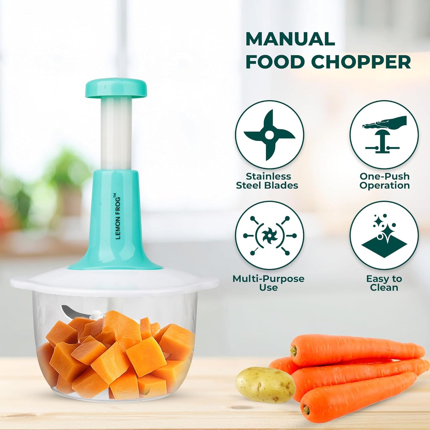 Manual Food Processor, Vegetable Chopper, Hand Press- Multipurpose– 2L Capacity | Effortless Food Prep for Fruits, Veggies, Herbs, Nuts, Onions, Salad & Dressings, Salsa, Guacamole and Many More!