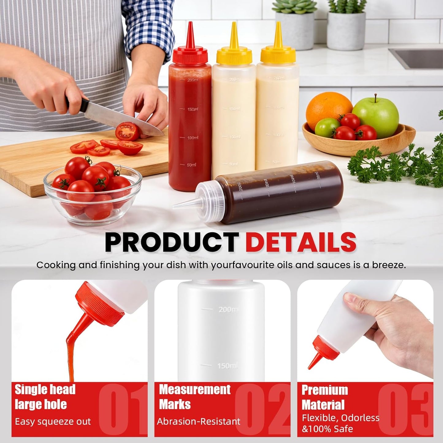 Multicolor Food-Grade Squeeze Bottles Set-Condiment Dispensers for Kitchen, BBQ, Sauces, Dressings, & Meal Prep (32oz)