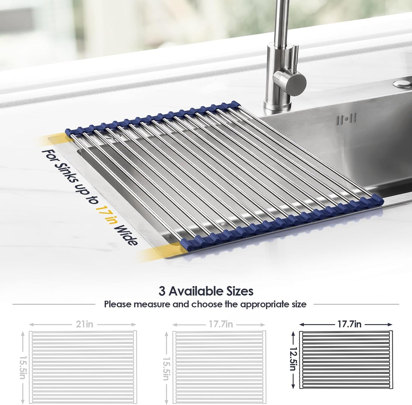 Tomorotec 17.7" x 15.5" Roll Up Dish Drying Rack Over Sink Drying Rack Sink Cover Kitchen Sink Accessories Gadget Multipurpose Organizer Foldable Stainless Steel Drainer