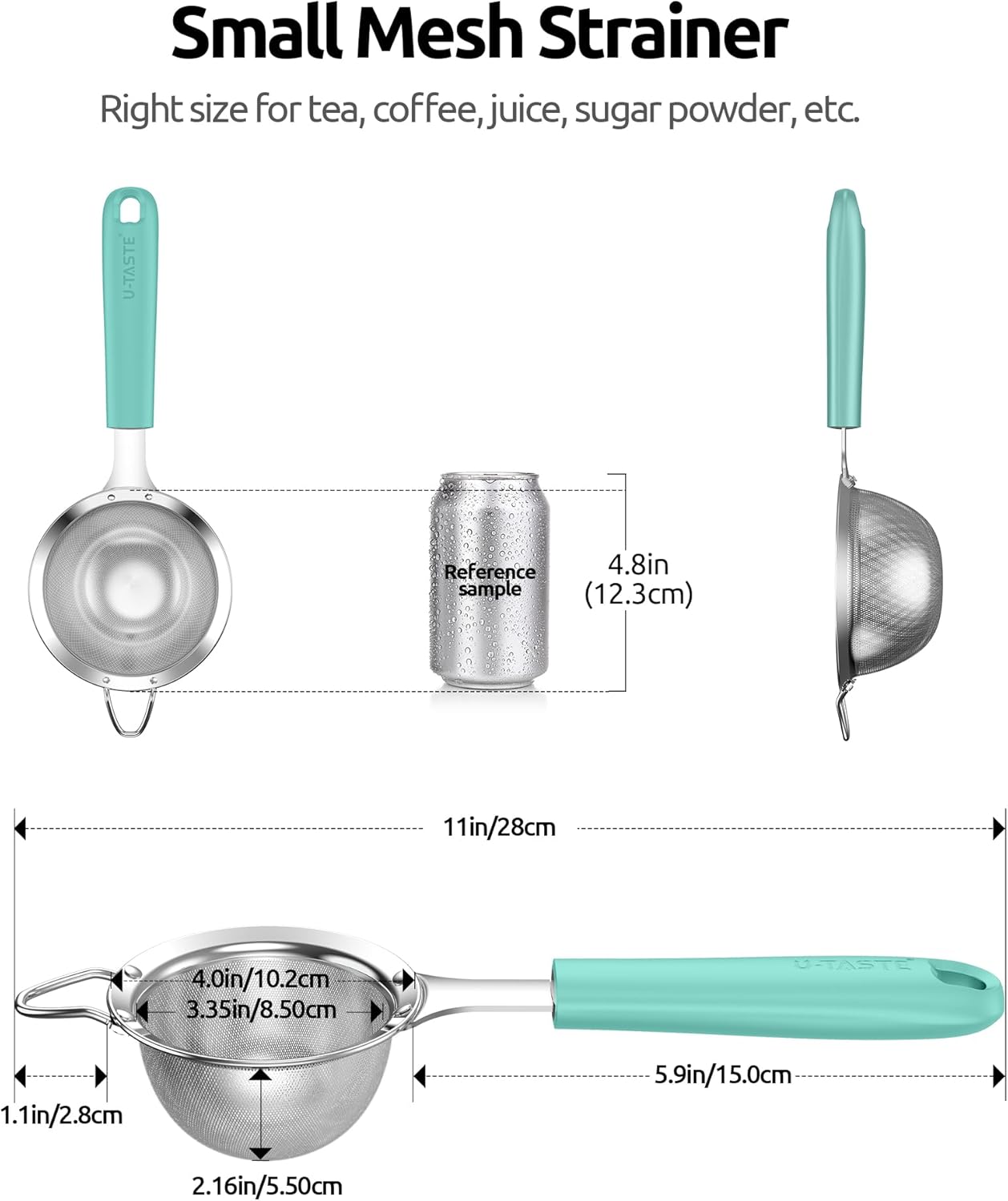 U-Taste Medium Fine Mesh Strainer: 18/8 Stainless Steel 4.73in 30 Mesh Kitchen Food Sieve with Sturdy Riveted Silicone Handle, Heavy Duty Deep Handheld Metal Colander for Rice, Quinoa, Flour (Black)