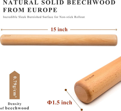 Bamber Wood Rolling Pin for Baking Wooden Rolling Dowel Stick Dough Roller for Cookie Dumpling Pastry Pizza Tortilla, 15'' by 1.5''