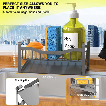 Maifan Stainless Steel Kitchen Sink Caddy Organizer with Auto Drain Tray, Sponge Holder for Countertop Storage