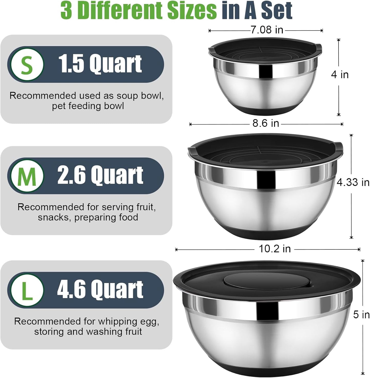 P&P CHEF Mixing Bowl with Lids Set of 3, Stainless Steel Nesting Salad Bowls for Serving Preparing, 3 Grater Attachments & Non-Slip Bottoms, Size 1.5/2.6/4.6 QT, Khaki