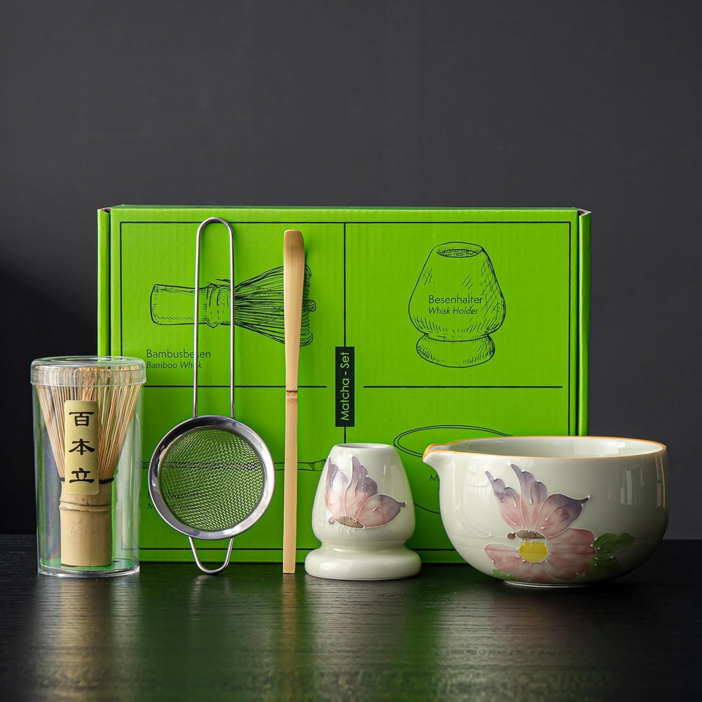 Matcha Set, Matcha Whisk Set Includes Matcha Bowl and Whisk, Whisk Holder, Sifter, Scoop, Spoon Holder, Tea Towel- 7pcs Perfect Matcha Kit for Matcha Tea Ceremony