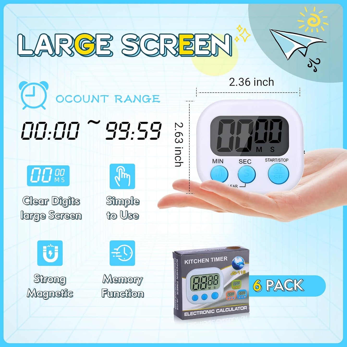 Mwellewm Kitchen Timer 6 Packs Digital Timers for Classroom Small Magnetic Countdown Stopwatch for Cooking Mini Loud Alarm Stop for Kitchen Study Work Baking Sports Games Timer Clock