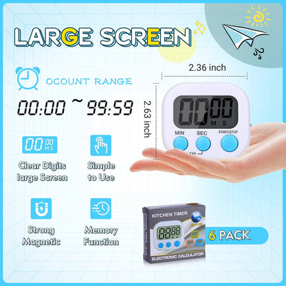 Mwellewm Kitchen Timer 6 Packs Digital Timers for Classroom Small Magnetic Countdown Stopwatch for Cooking Mini Loud Alarm Stop for Kitchen Study Work Baking Sports Games Timer Clock