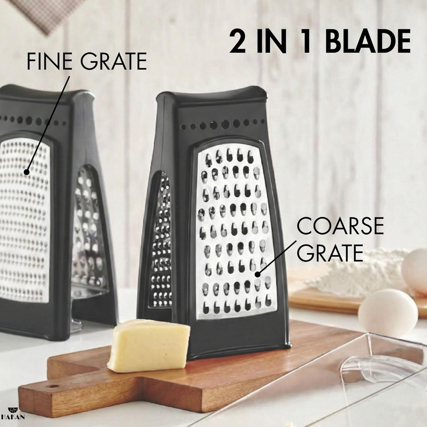HAKAN Grater with Collection Box and Stainless Steel Blades | Handheld Ergonomic Cheese & Vegetable Grater with Container | 18.5 oz Box | Dishwasher Safe