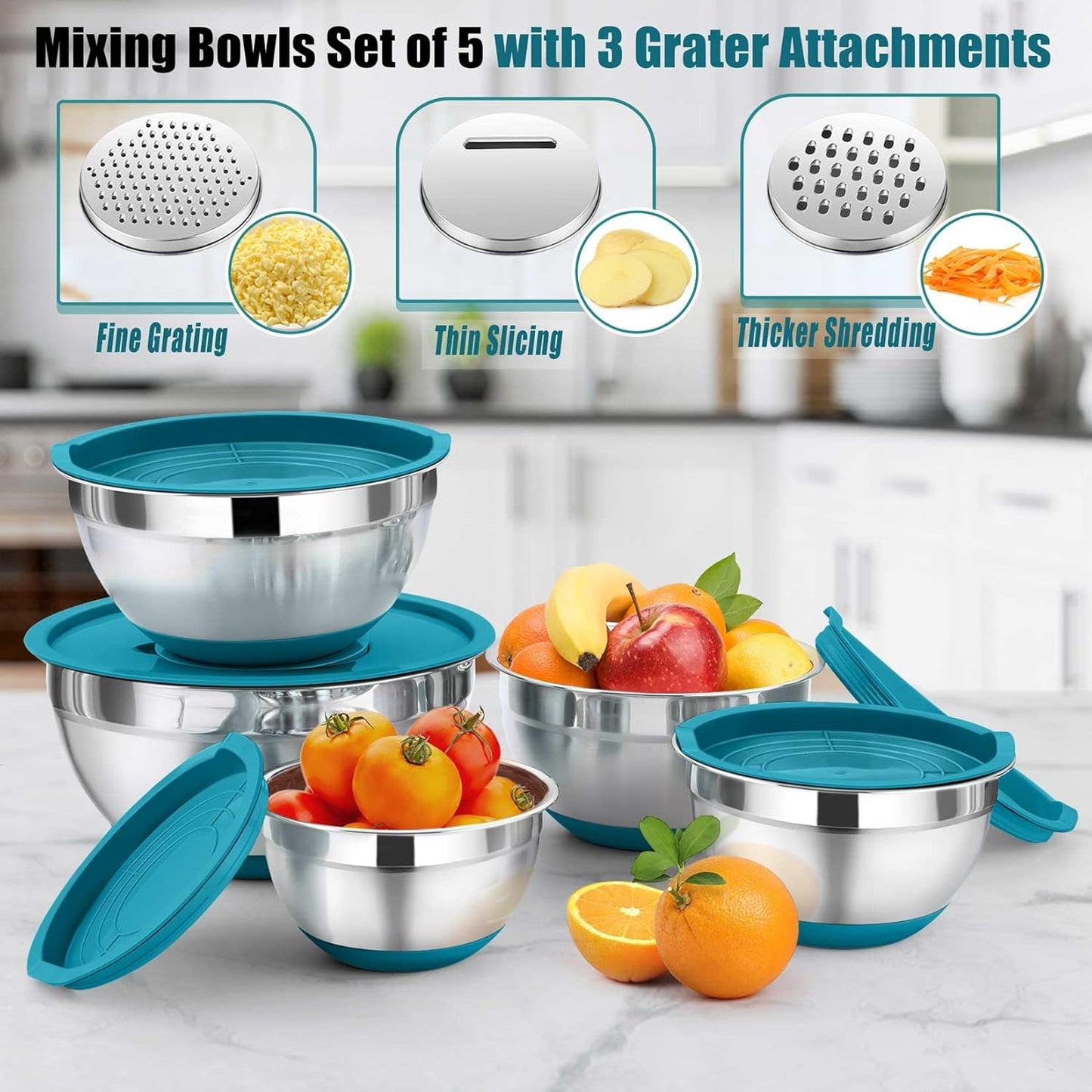 P&P CHEF Mixing Bowl with Lid Set, 5 Piece Stainless Steel Mixing Nesting Bowls for Salad Storage, 3 Grater Attachments & Non-Slip Bottoms, Size 1/1.5/2 / 2.6/4.6 QT, Multicolor