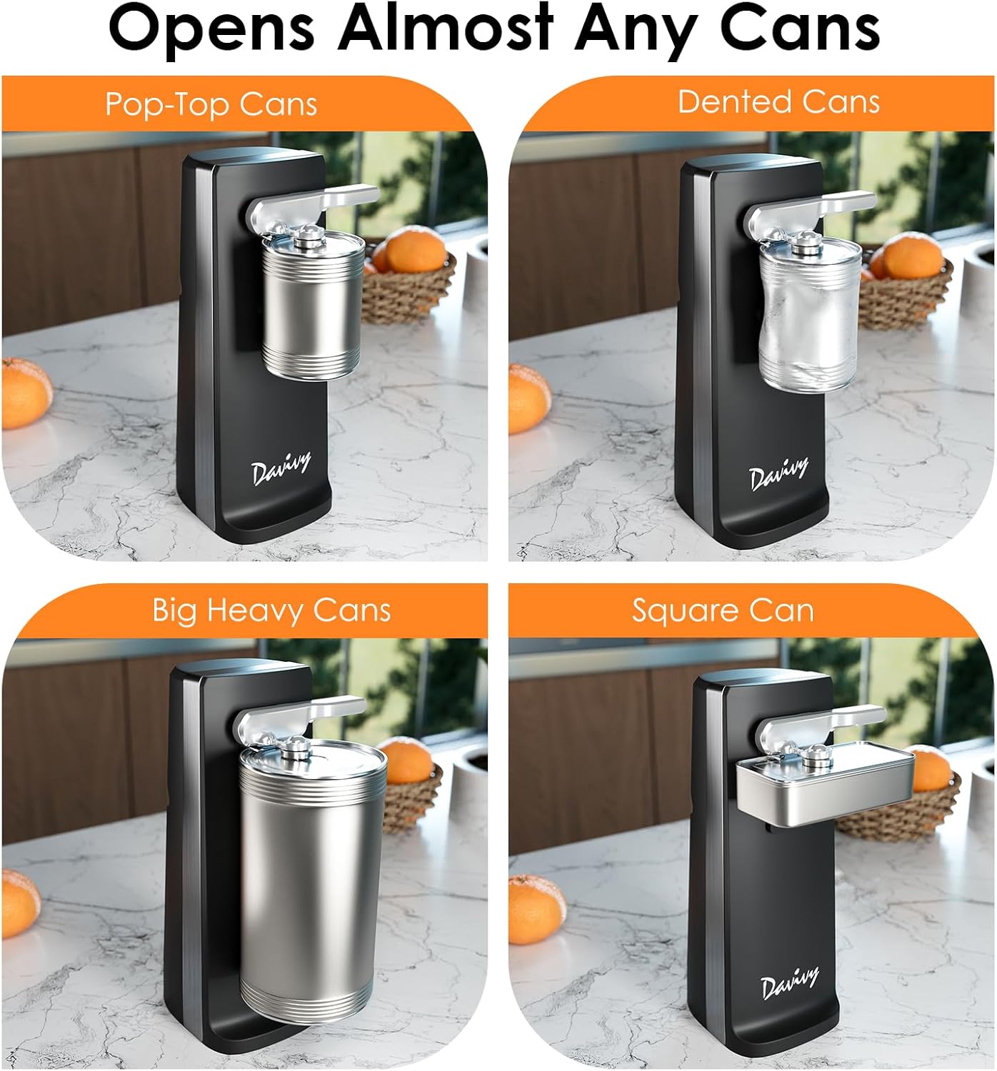 Davivy Electric Can Opener - One-Touch Hands-Free Operation,Removable Stainless Steel Cutter, 3-in-1 Design with Knife Sharpener&Bottle Opener(Blue)
