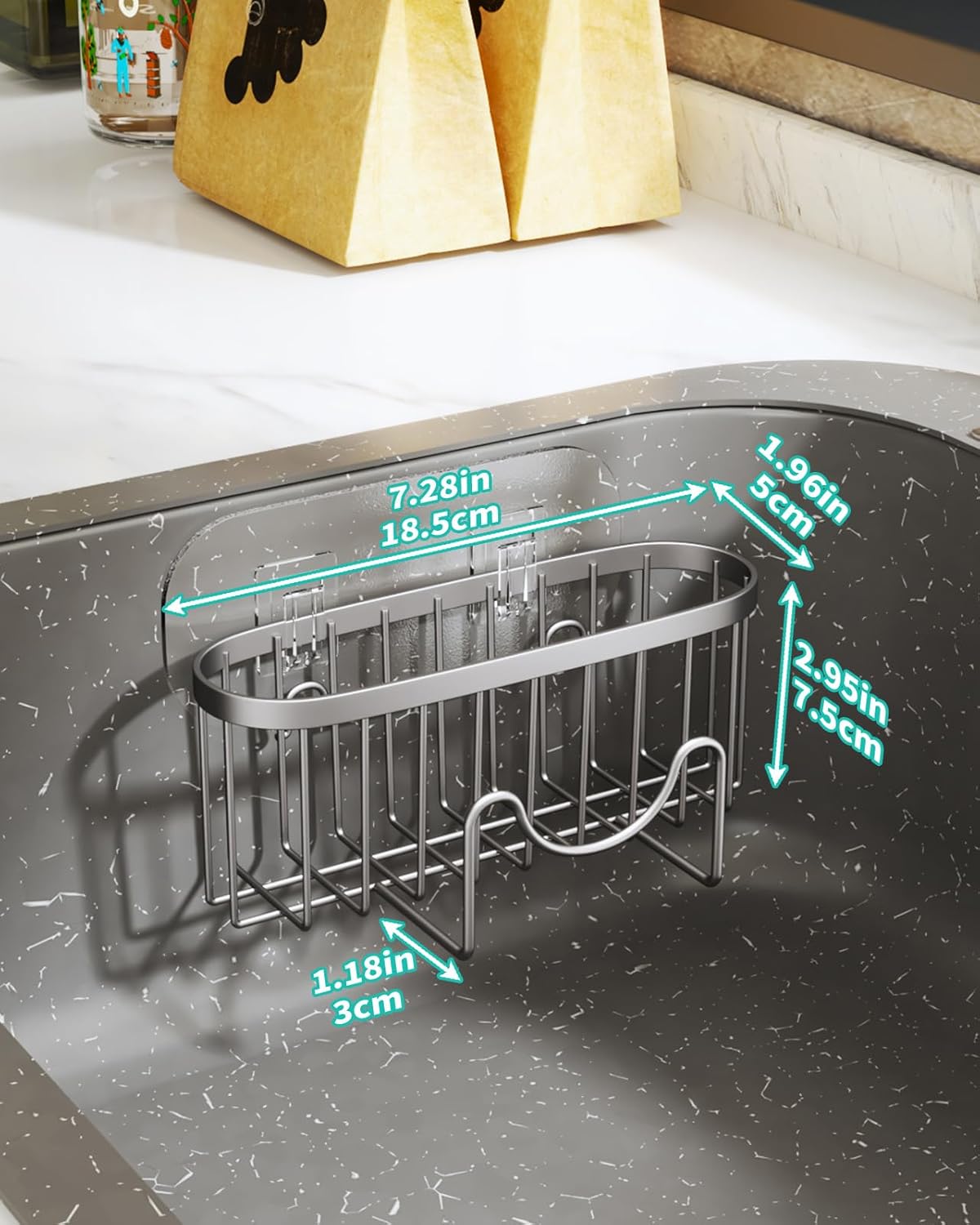 HapiRm Multifunctional Sponge Holder with Unique M-Shaped, 2 Installation Methods Kitchen Sink Caddy Organizer, Rustproof Stainless Steel Kitchen Organizers and Storage Essentials - Black