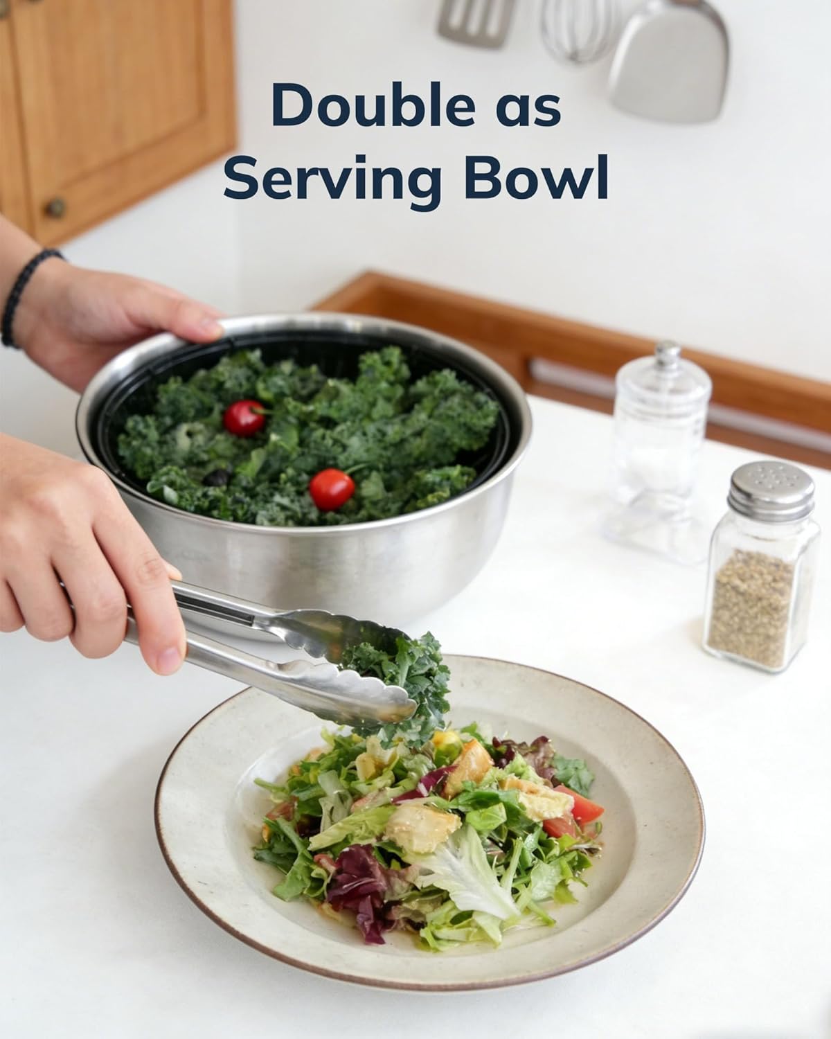 Stainless Steel Salad Spinner, 5.3 Qt Large Lettuce & Vegetable Cleaner with Non-Slip Bottom, Quick Stop Button, Dishwasher Safe Fruit Washer, BPA-free, Black
