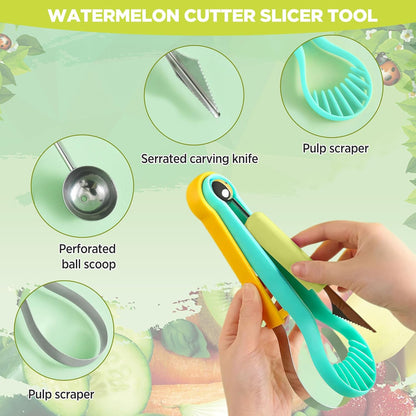 2 PCS Melon Baller Scoop Set, 4 in 1 Stainless Steel Stainless Steel Fruit Tool Set, Fruit Carving Tools for Dig Pulp Separator, Watermelon Cutter Slicer Fruit Scooper (Green + Purple)
