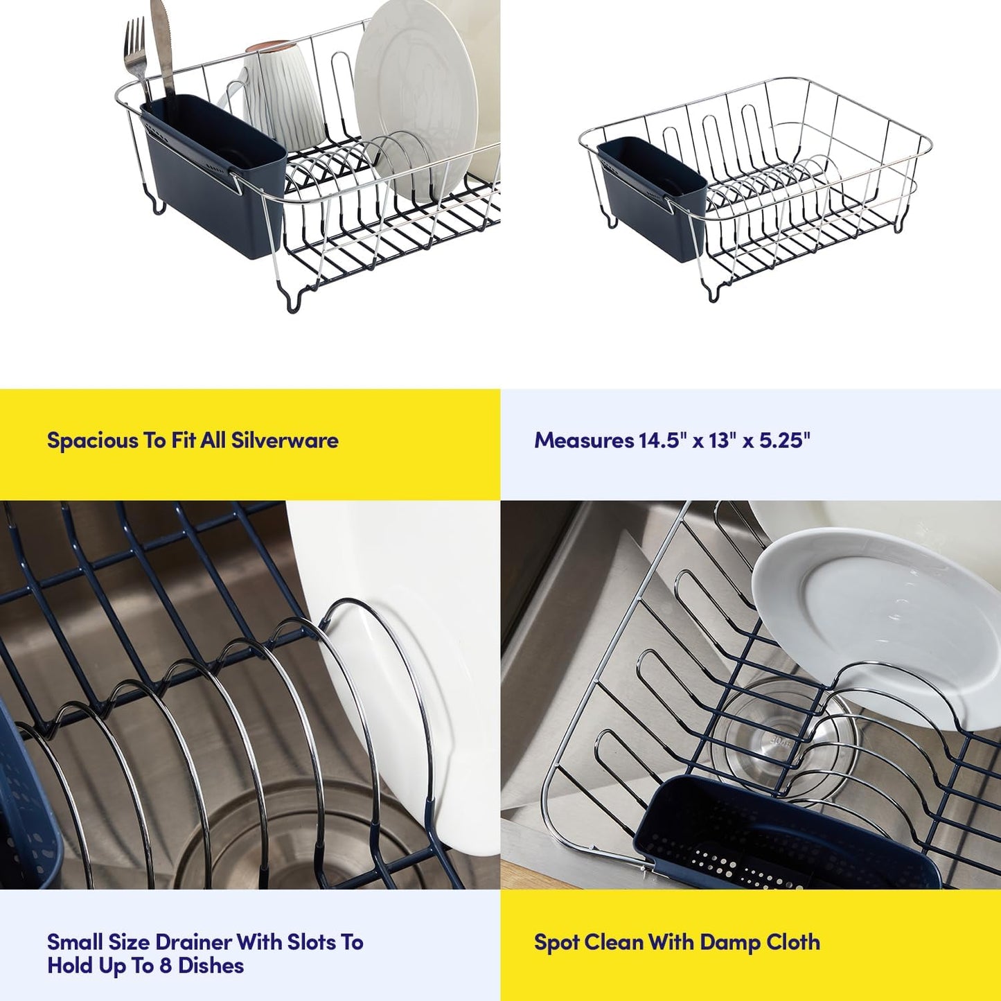 Dish Drying Rack & Cutlery Holder 2 Piece Set - Compact Sink-Fitting Dish Drainer with Rubberized Undercoating, Space-Saving Kitchen Organizer for Plates, Cups, Bowls & Utensils in Sink, Silver