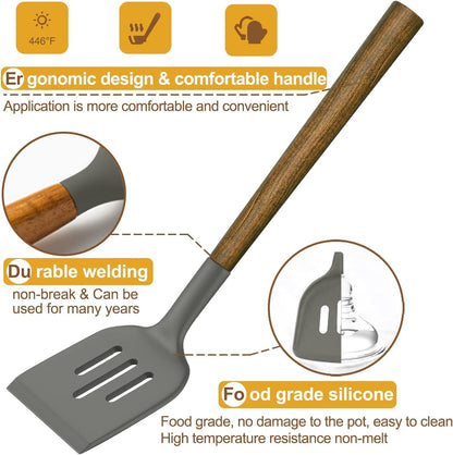 Silicone Cooking Utensil Set, Umite Chef 8-Piece Kitchen Utensils Set with Natural Acacia Wooden Handles,Food-Grade-Silicone Kitchen Gadgets Spatulas Set for Nonstick Cookware- Black