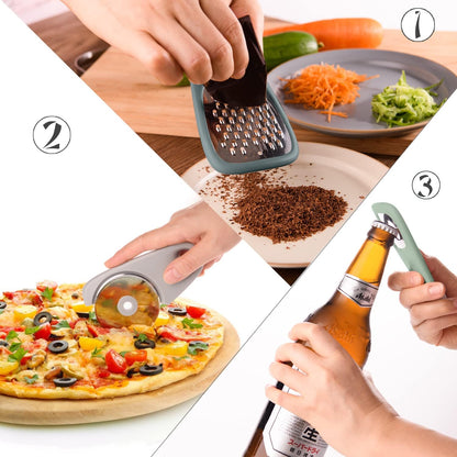 Kitchen Gadgets Set 5 Pieces, Space Saving Cooking Tools Kitchen Accessories - Fruit/Vegetable Peeler, Cheese/Chocolate Grater, Bottle Opener, Pizza Cutter, Garlic/Ginger Grinder Gift Set (Black)