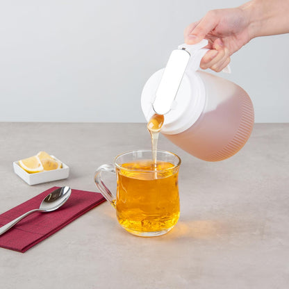 Restaurantware-Chef 101 48 Ounce All Purpose Syrup Dispenser, 1 Honey Dispenser - Beige Top, Stainless Steel Slide Cover, Plastic Pancake Syrup Bottle, Perfect For Diners, Restaurants, Home