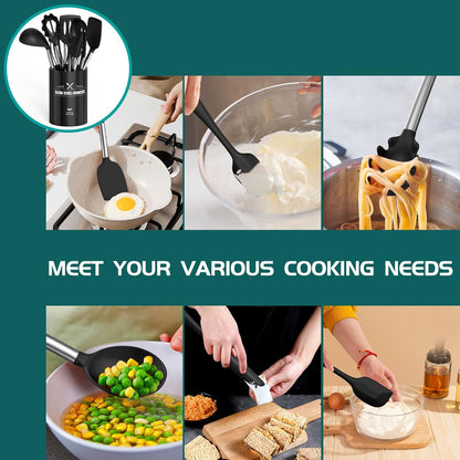 Silicone Cooking Utensil Set, Umite Chef 15pcs Silicone Cooking Kitchen Utensils Set, Non-stick - Best Kitchen Cookware with Stainless Steel Handle - Black Kitchen Utensils
