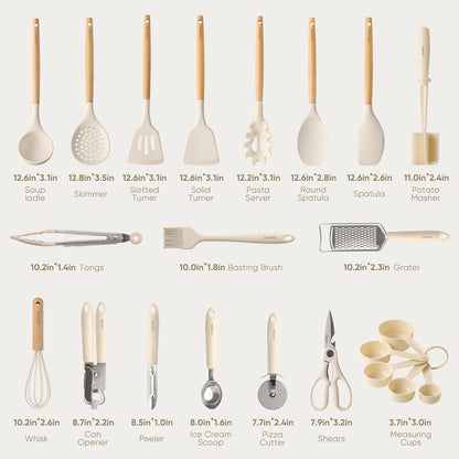 CAROTE Silicone Cooking Utensils Set, Kitchen Utensils Set 10 Pcs for cooking, BPA Free Spatula Set with Heat Resistant Wood Handles for Nonstick Cookware (Cream White)