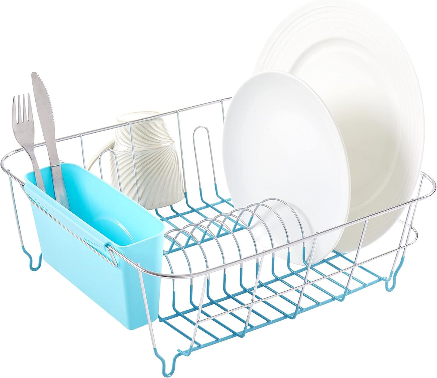 Dish Drying Rack & Cutlery Holder 2 Piece Set - Compact Sink-Fitting Dish Drainer with Rubberized Undercoating, Space-Saving Kitchen Organizer for Plates, Cups, Bowls & Utensils in Sink, Silver