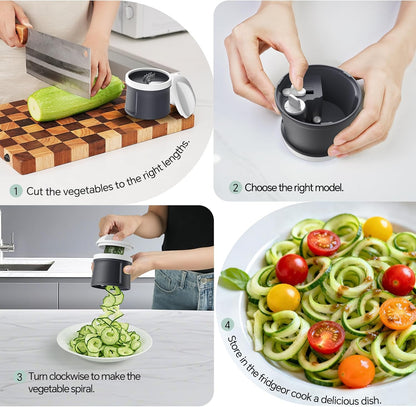 3 in 1 Vegetable Spiralizer Slicer, Adjustable Thickness 0-3mm, Zucchini Spiralizer Veggie Noodle Maker for Cucumber/Zoodle/Salad/Spaghetti/Pasta with Food Container, Cleaning Brush, Black
