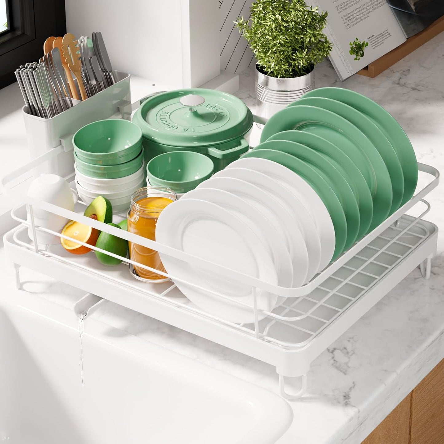 Kitsure Dish Drying Rack for Kitchen Counter, Stainless Steel Sink Organization and Storage Essentials with Cutlery Holder, Home and Appartment Decor, 12''W x 15.5''L, Black