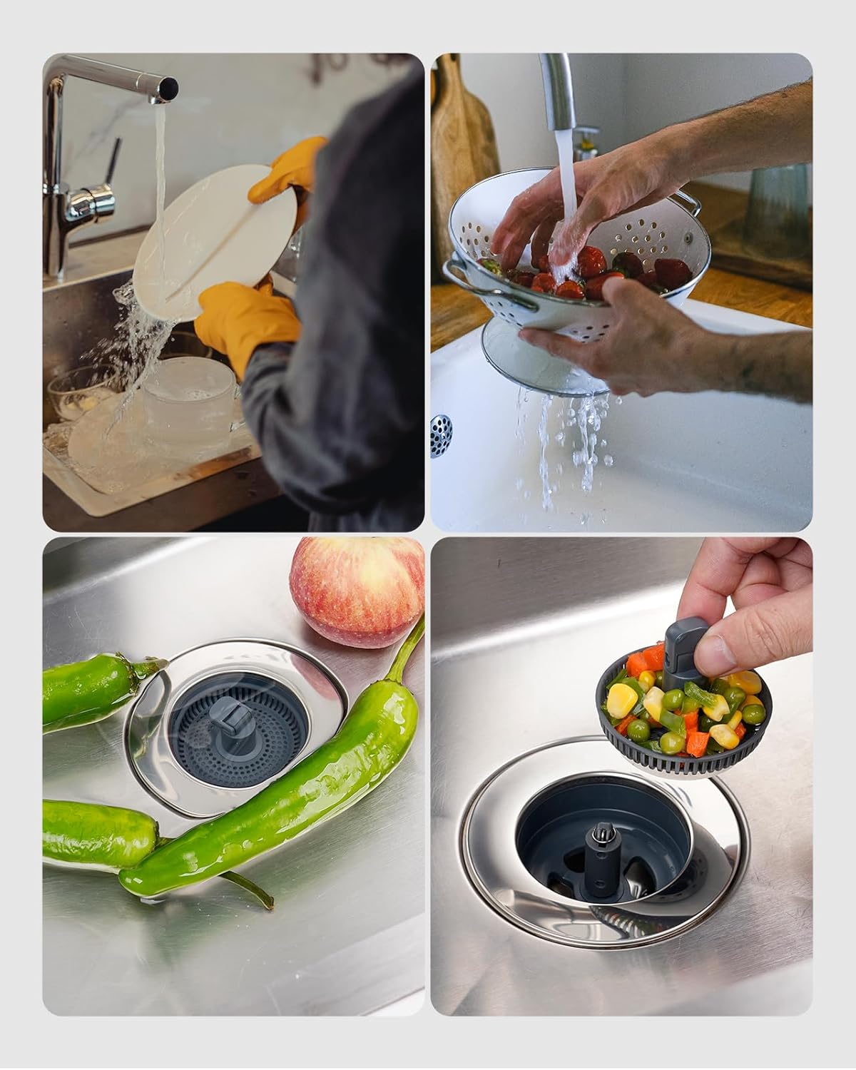 Hibbent Upgraded 3 in 1 Kitchen Sink Drain Strainer and Stopper Combo, Stainless Steel Metal Pop Up Sink Stopper, Anti-Clogging Basket with Foldable Handle for US Standard 3-1/2 Inch Drain
