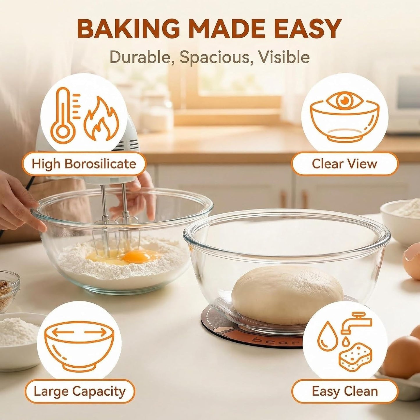 Borosilicate Glass Mixing Bowls, Set of 3 (2.8, 2.2, 1.1QT) - Heavy-Duty, Scratch Resistant & Lead-Free. Oven, Microwave, Dishwasher & Freezer Safe. Ideal for Meal Prep, Baking, Serving.