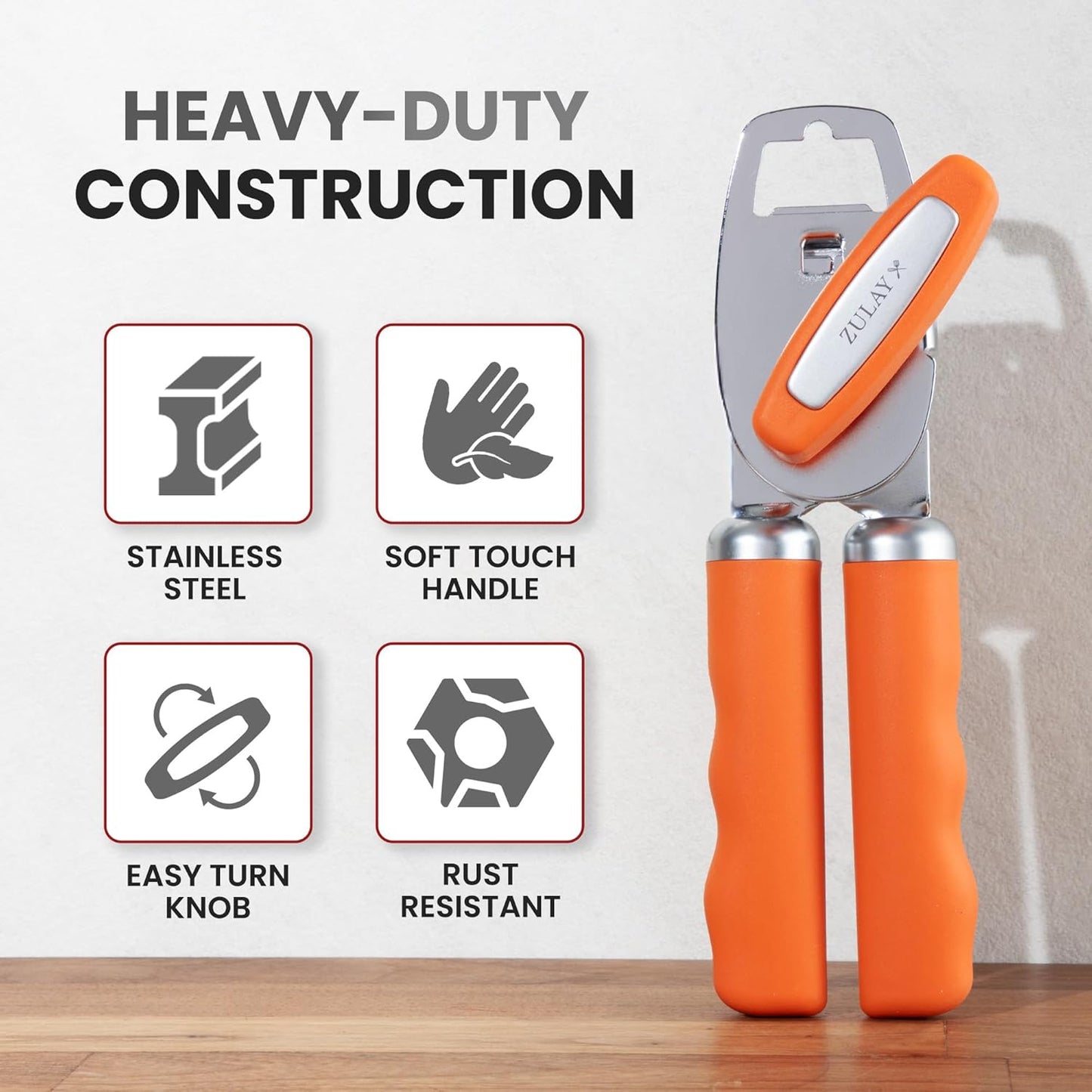Zulay Kitchen Heavy Duty Stainless Steel Can Opener Manual with Bottle Opener - Rust Proof Manual Can Opener With Turn Knob & Comfy Soft Grip Handles - Black