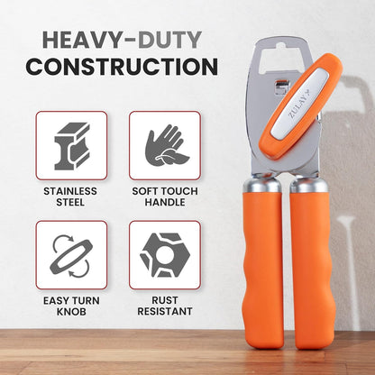 Zulay Kitchen Heavy Duty Stainless Steel Can Opener Manual with Bottle Opener - Rust Proof Manual Can Opener With Turn Knob & Comfy Soft Grip Handles - Black