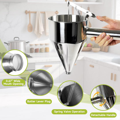 40oz Stainless Steel Pancake Batter Dispenser, Pancake Dispenser with Stand and Squeeze Handle, 4 Interchangeable Nozzles for Pancakes, Cupcakes, Waffles and Baked Goods