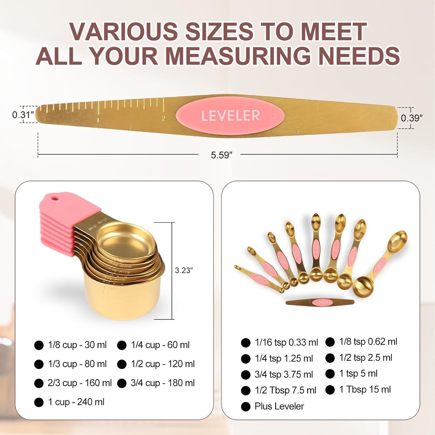 16-Piece Stainless Steel Measuring Cups and Spoons Set, Strong Magnetic Nesting Design 7 Cups 8 Spoons with Leveler, Double Measurement Markings for Dry & Liquid Ingredients, Gold