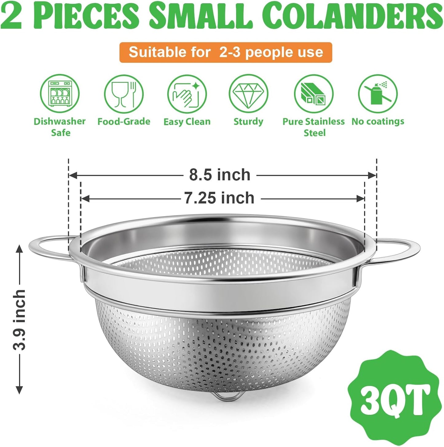 P&P CHEF Colander Strainer Stainless Steel 3 Quart, Metal Micro-Perforated Colander for Kitchen Food, Ideal for Rinsing Washing Draining, Dishwasher Safe, Shiny Silver, 1PC