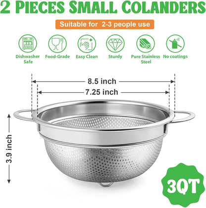 P&P CHEF Colander Strainer Stainless Steel 3 Quart, Metal Micro-Perforated Colander for Kitchen Food, Ideal for Rinsing Washing Draining, Dishwasher Safe, Shiny Silver, 1PC