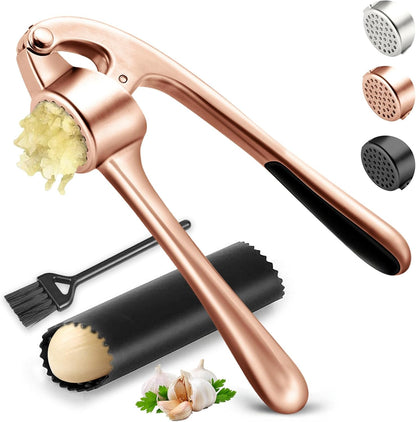 Kitchen Garlic Press, Rust Proof & Dishwasher Safe Garlic Mincer, Durable Garlic Crusher Set with Peeler＆Brush, Easy to Clean and Squeeze, Matte