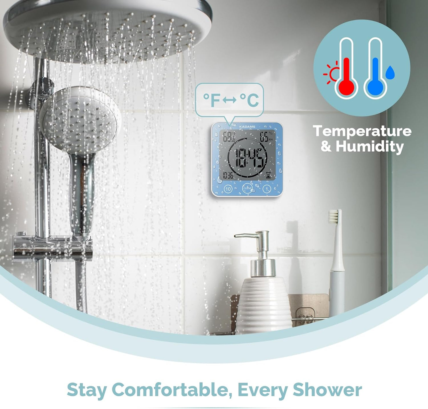 KADAMS Shower Clock Waterproof Bathroom Timer – Digital Wall Clock with Countdown, Magnetic Kitchen Clock with Temperature & Humidity, Suction Cup for Kids Shower Spa Cook Bath (Black)