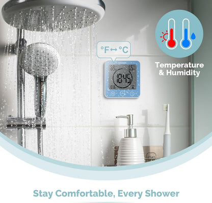 KADAMS Shower Clock Waterproof Bathroom Timer – Digital Wall Clock with Countdown, Magnetic Kitchen Clock with Temperature & Humidity, Suction Cup for Kids Shower Spa Cook Bath (Black)