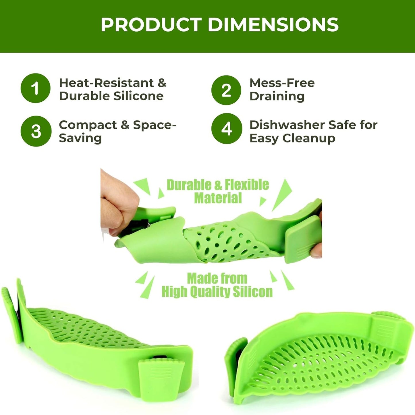 Performore Compact Universal Silicone Snap-On Pot Strainer | Heat-Resistant Clip-On Food Colander | BPA-Free Pasta, Vegetable & Soup Drainer | Dishwasher Safe Kitchen Tool