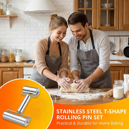 Stainless Steel Rrolling Pin, Pastry Pizza Roller Non Stick Smooth Dough Roller with 3Pcs Scraper Practical Metal Kitchen Utensils for Home Baking Dough, Pie, Pastries, Pasta, Cookies (H Shape)