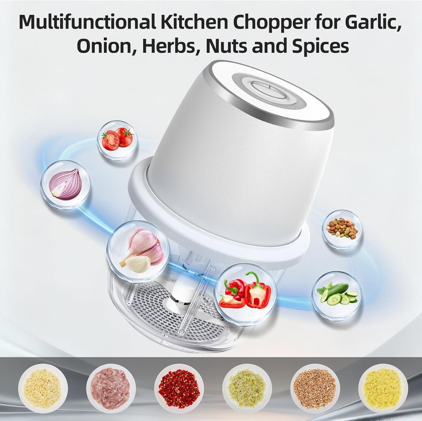 Electric Garlic Chopper, Mini Food Processor & Vegetable Chopper, 350ml Portable Cordless USB Rechargeable Garlic Chopper, Mini Chopper for Onion, Herb, Nut, Easy to Clean Glass Container（Blue）