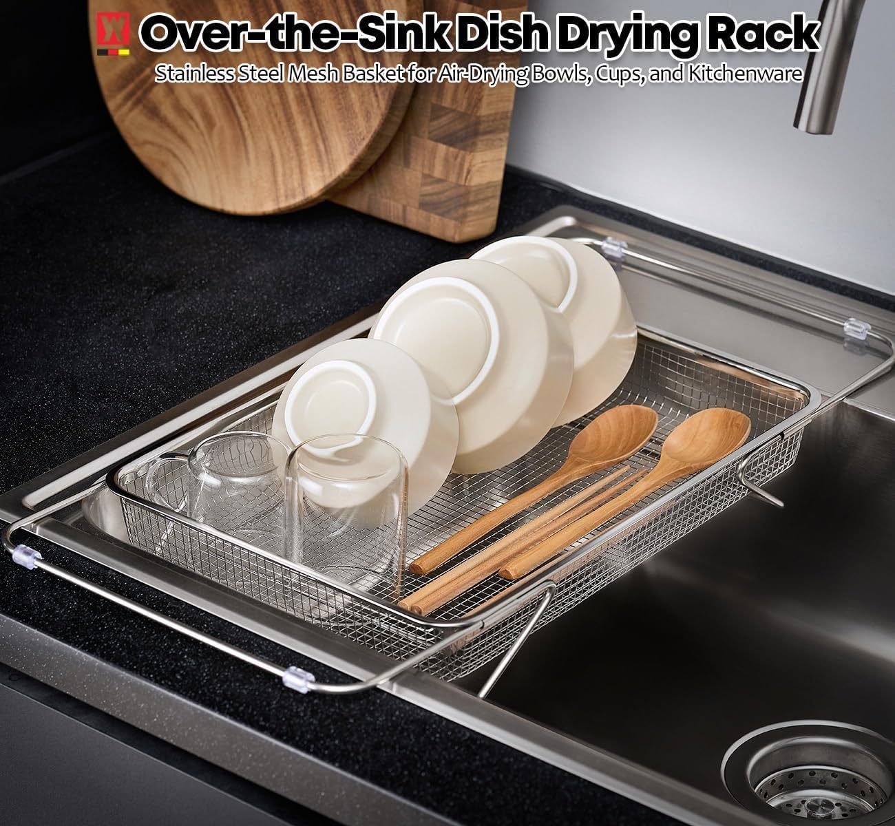 WAGENSTEIGER Extendable Dish Rack with Feet, Vegetable Colander Basket, Stainless Steel Dish or Silverware Drying Rack, Ultimate Kitchen Organizer Over the Sink (12.40 x 5.12 x 2.36 Inches)