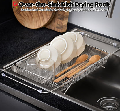 WAGENSTEIGER Extendable Dish Rack with Feet, Vegetable Colander Basket, Stainless Steel Dish or Silverware Drying Rack, Ultimate Kitchen Organizer Over the Sink (12.40 x 5.12 x 2.36 Inches)