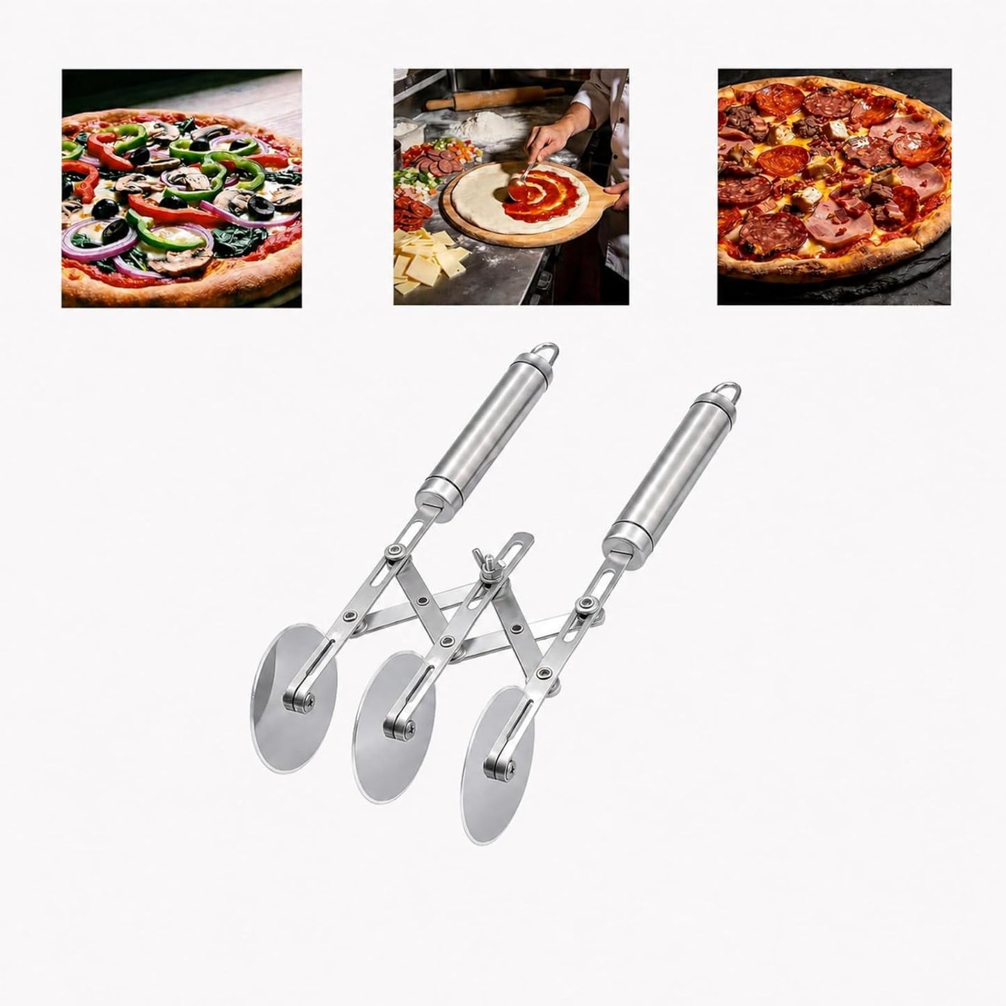 Wheel Adjustable Pasta Cutter with Handle - Stainless Steel Multi-Tool for Baking Pastry, Pizza, Noodles & Pie Crust (3 Roller)