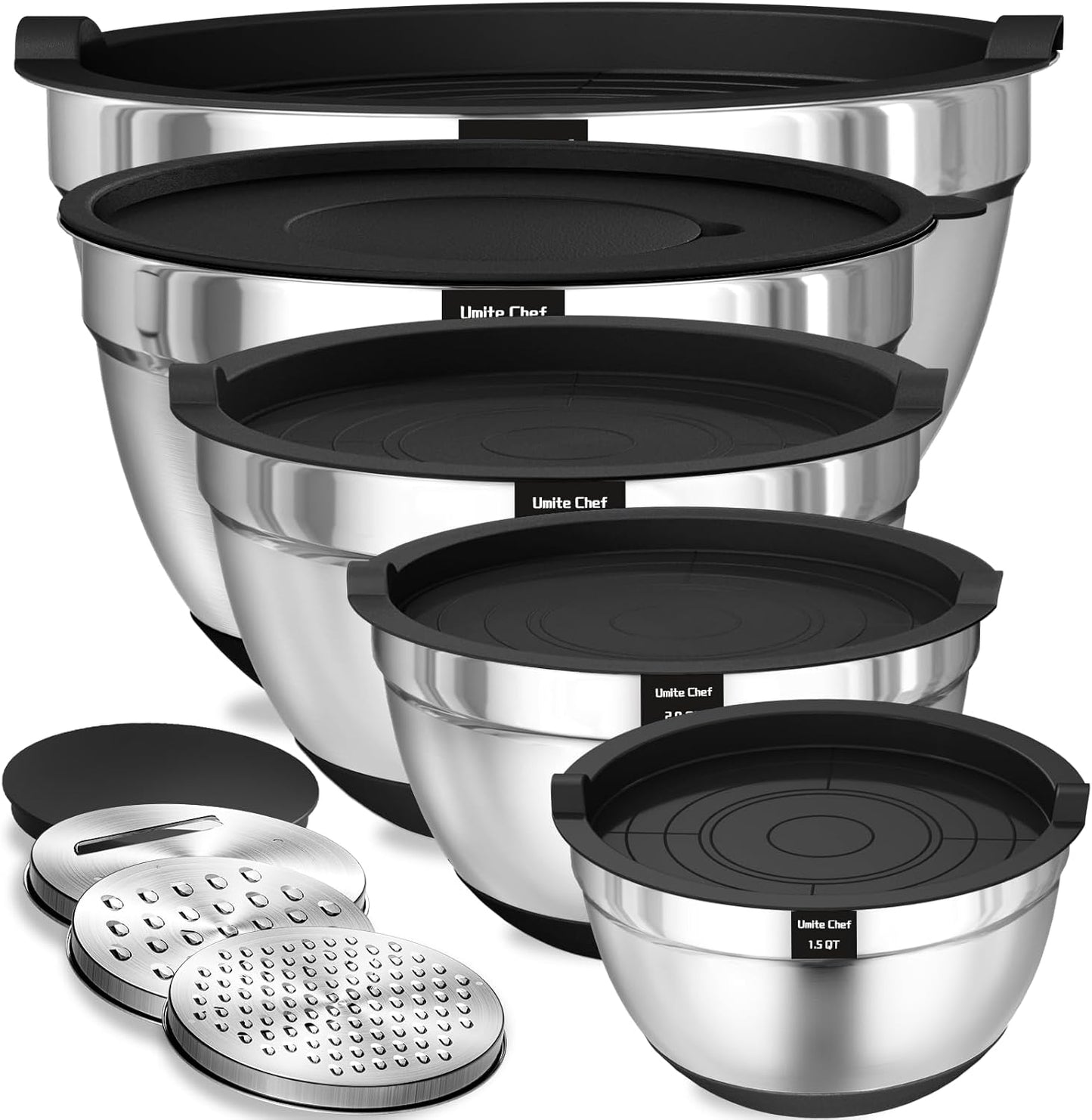 Umite Chef Mixing Bowls with Airtight Lids Set, 8PCS Stainless Steel Nesting Bowls with Grater Attachments, Non-Slip Bottoms, 5, 4, 3.5, 2, 1.5QT for Mixing & Serving