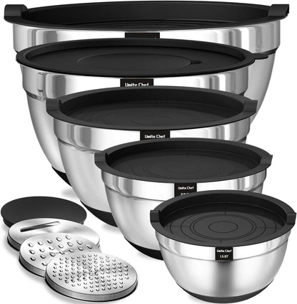 Umite Chef Mixing Bowls with Airtight Lids Set, 8PCS Stainless Steel Nesting Bowls with Grater Attachments, Non-Slip Bottoms, 5, 4, 3.5, 2, 1.5QT for Mixing & Serving