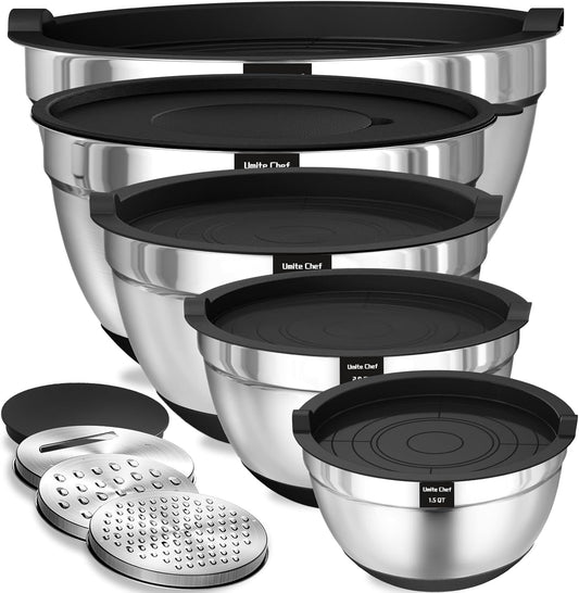 Umite Chef Mixing Bowls with Airtight Lids Set, 8PCS Stainless Steel Nesting Bowls with Grater Attachments, Non-Slip Bottoms, 5, 4, 3.5, 2, 1.5QT for Mixing & Serving