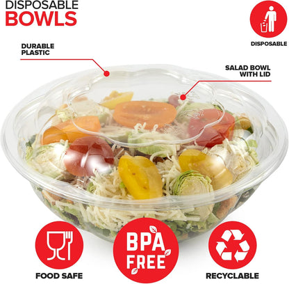 Stock Your Home 32oz Clear Plastic Salad Bowls with Lids Disposable (50 Pack) Medium Takeout Container with Snap on Lid for Fruit Salads, Quinoa, Lunch and Meal Prep, Acai Bowl, To-Go Party Containers