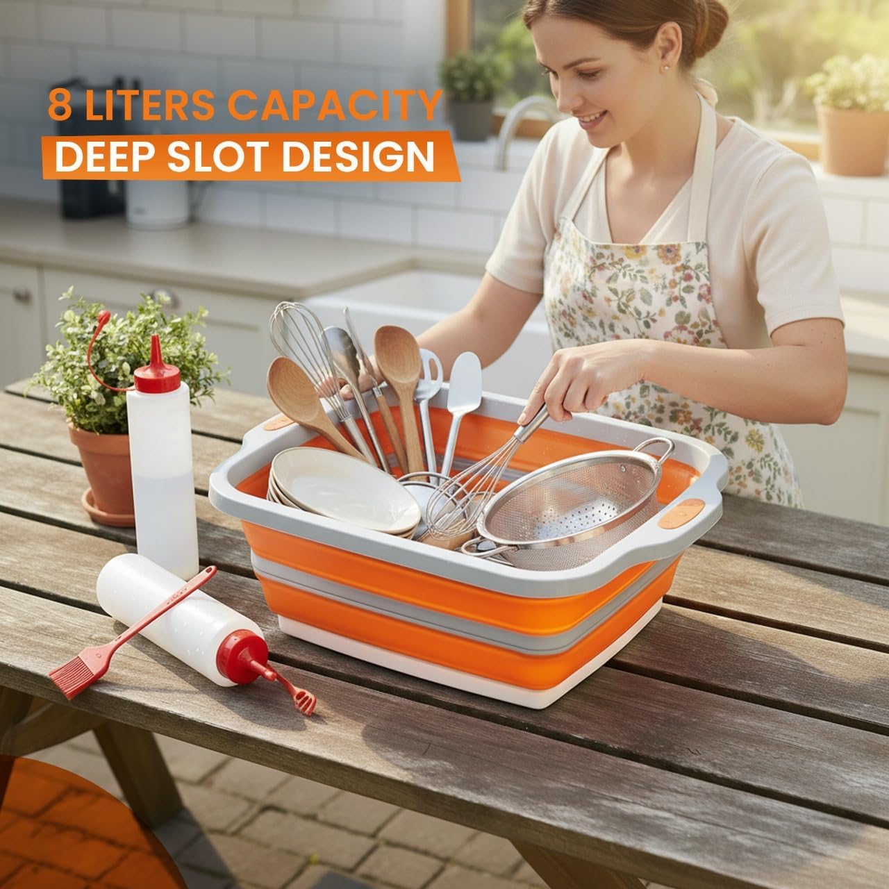 Collapsible BBQ Prep Tub, Meal Prep, Marinating Food Container, W/Cutting Board, Multi-Function Grill Caddy W/Colander & Lid, 8L Tub With/2 Squeeze Bottles1 Silicone Brush for Picnic- Camping-